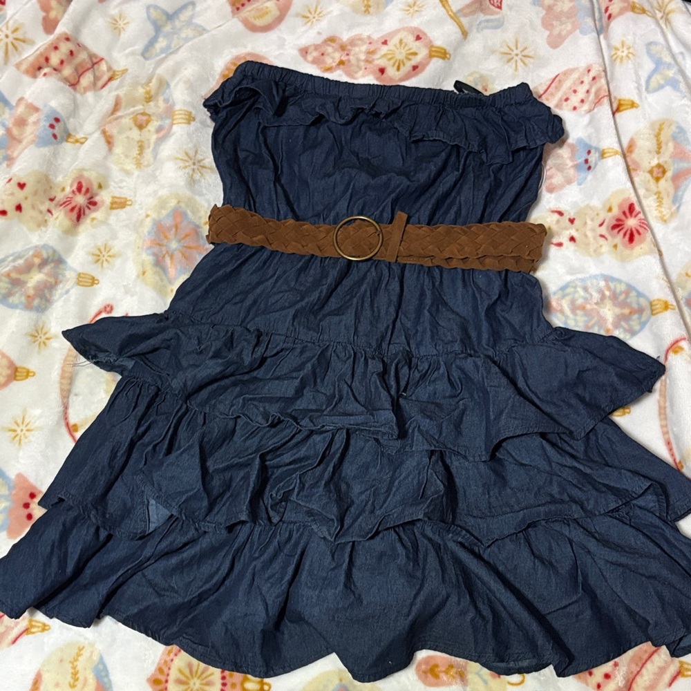 Strapless Denim Dress with Brown Belt